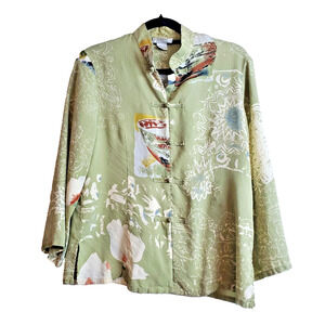 ARIA A Womens‎ Large Top 100% Silk Asian Print Button Front Long Sleeve Green
